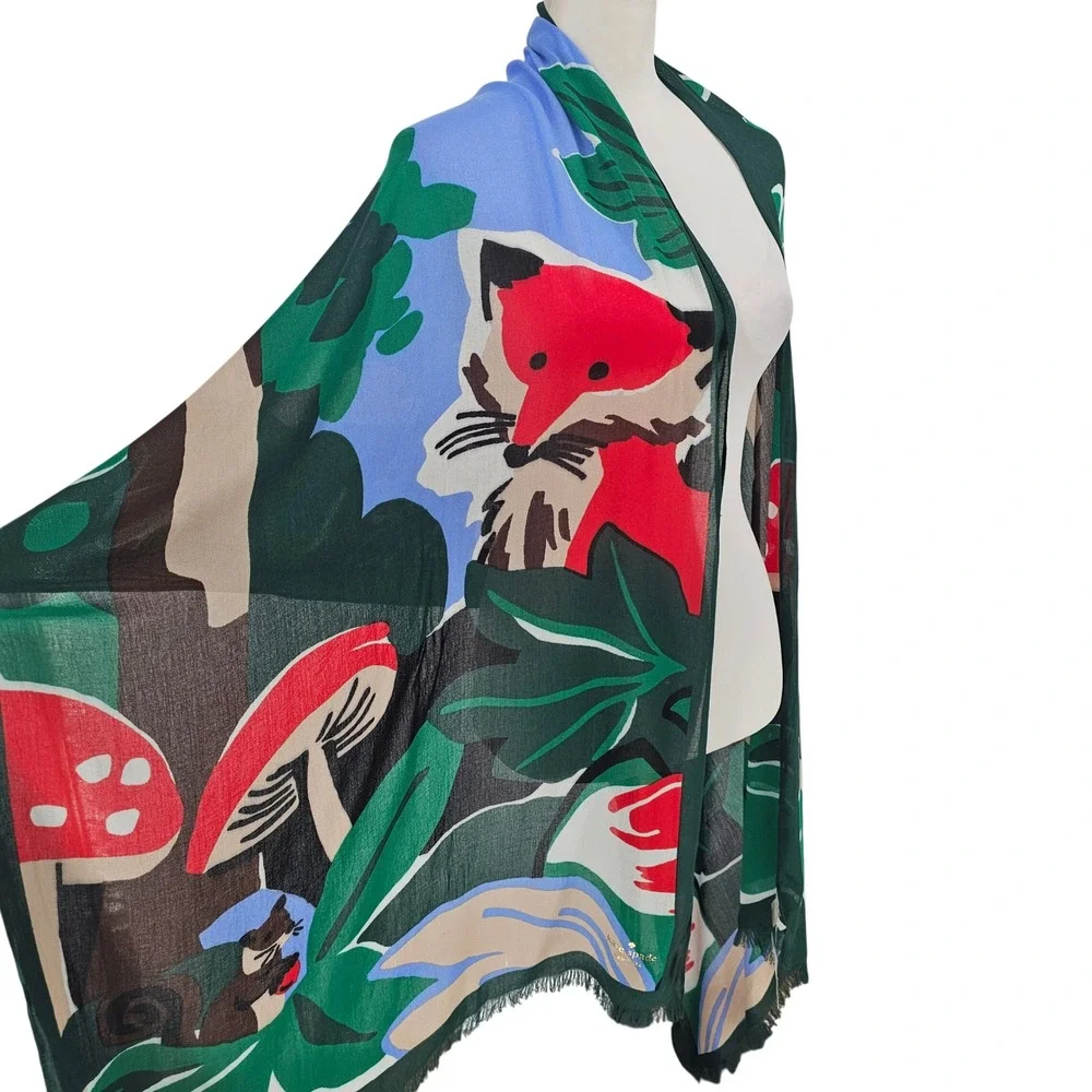 Kate Spade Scarf OS Green Woodland Fox Owl Mushroom Whimsical Cottagecore NWT